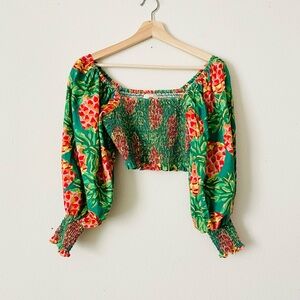 Farm Rio SMALL Pineapple Galore linen blend smocked crop top